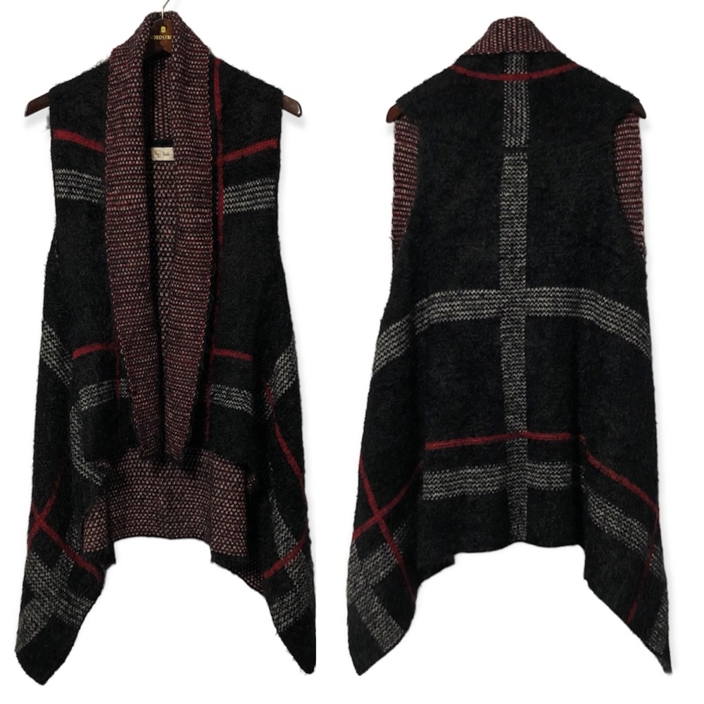 Tartan Open Front Fuzzy Cardigan Sweater Vest